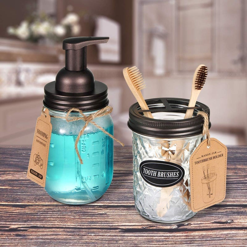 Amolliar Mason Jar Foaming Soap Dispenser, Rustproof Stainless Steel Lid, BPA Free Foam Pump, with Chalkboard Labels, Rustic Farmhouse Decor, Hand Soap Dispenser Bathroom Accessories, Bronze (1 Pack) - Image 4